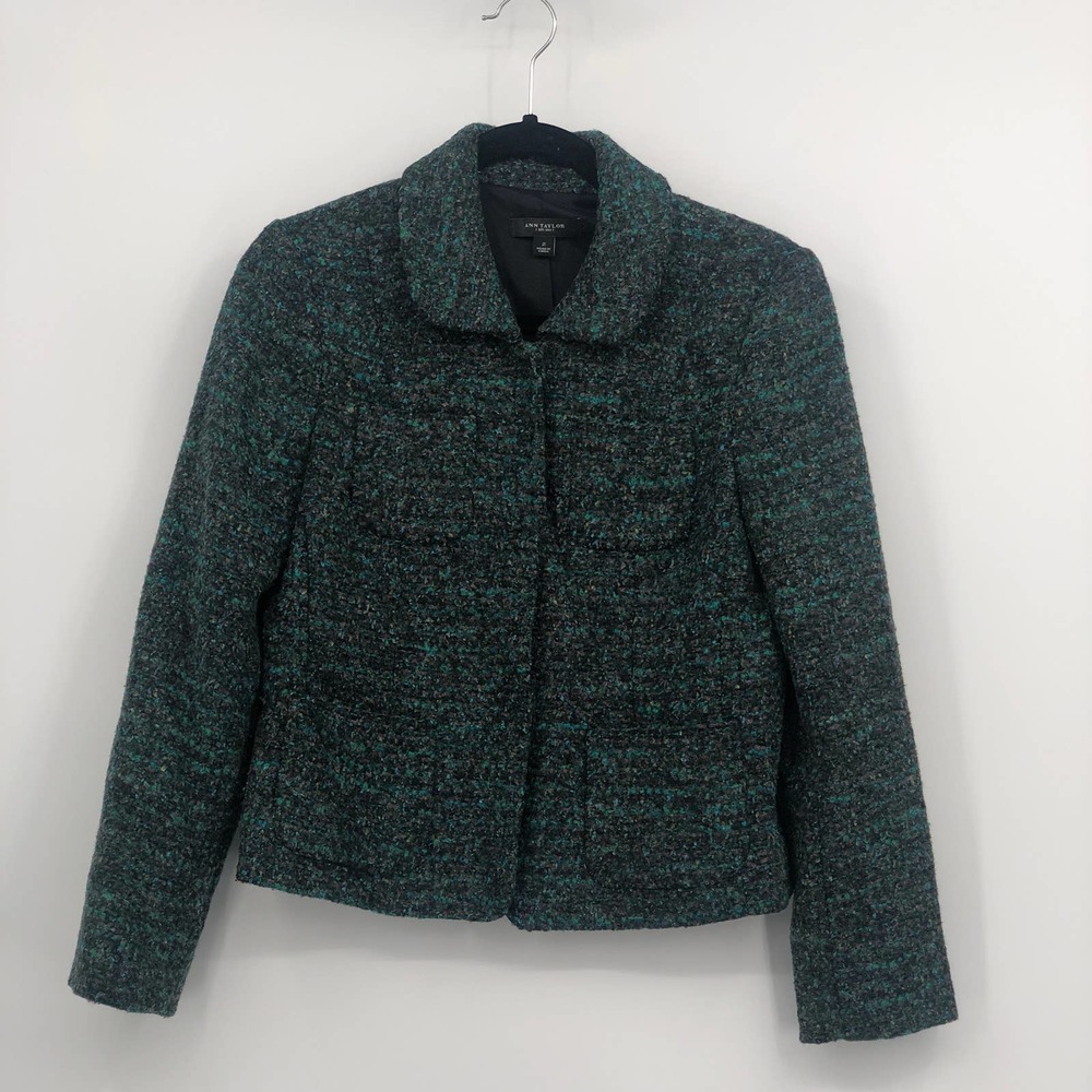Ann Taylor Tweed Jacket Button Up Front Pocket Collared Long Sleeve Green Size 2